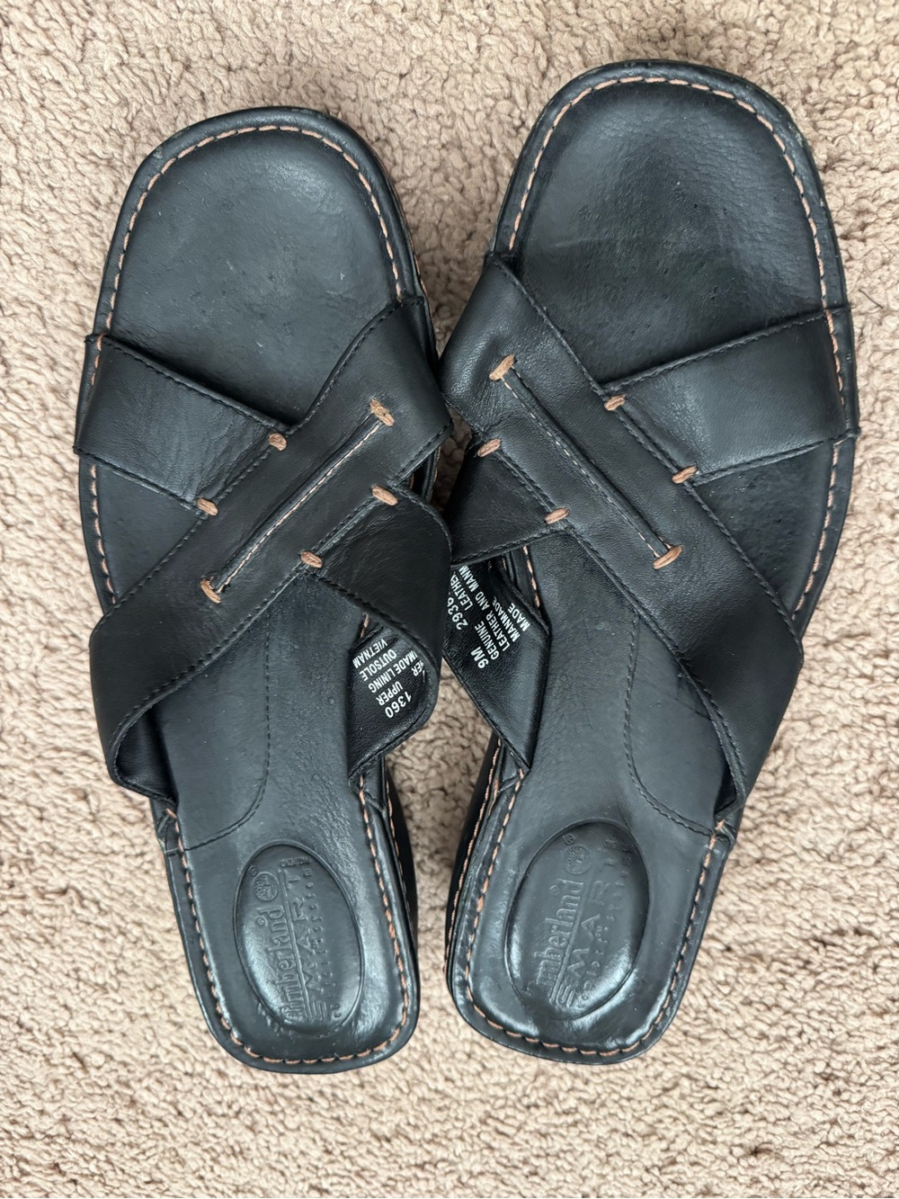 Timberland Black Leather Cross-Strap Women's Slide Sandals